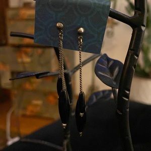 Black stone silver chain dangle post earrings